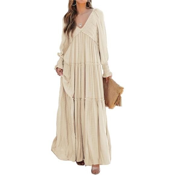 Maxi Dress for Women Long Sleeve V Neck Empire Waist Layered Ruffle - Picture 2 of 7